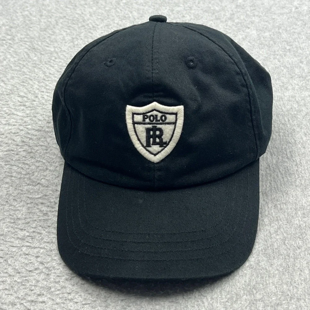 VTG Polo Ralph Lauren Shield Hat Adult Black Canvas Patch Crest Logo Strapback